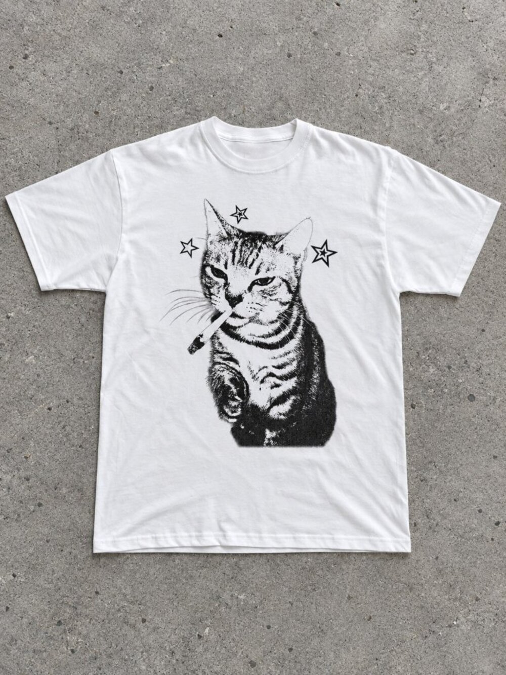 Smoking Tabby Cat Stars White Gildan Graphic T-Shirt